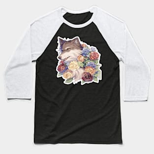 Lone Wolf With Flowers Baseball T-Shirt